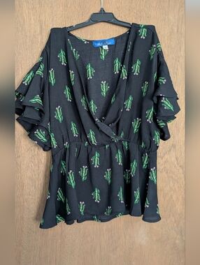 Blue Rain Black Cactus-Print V-Neck Blouse